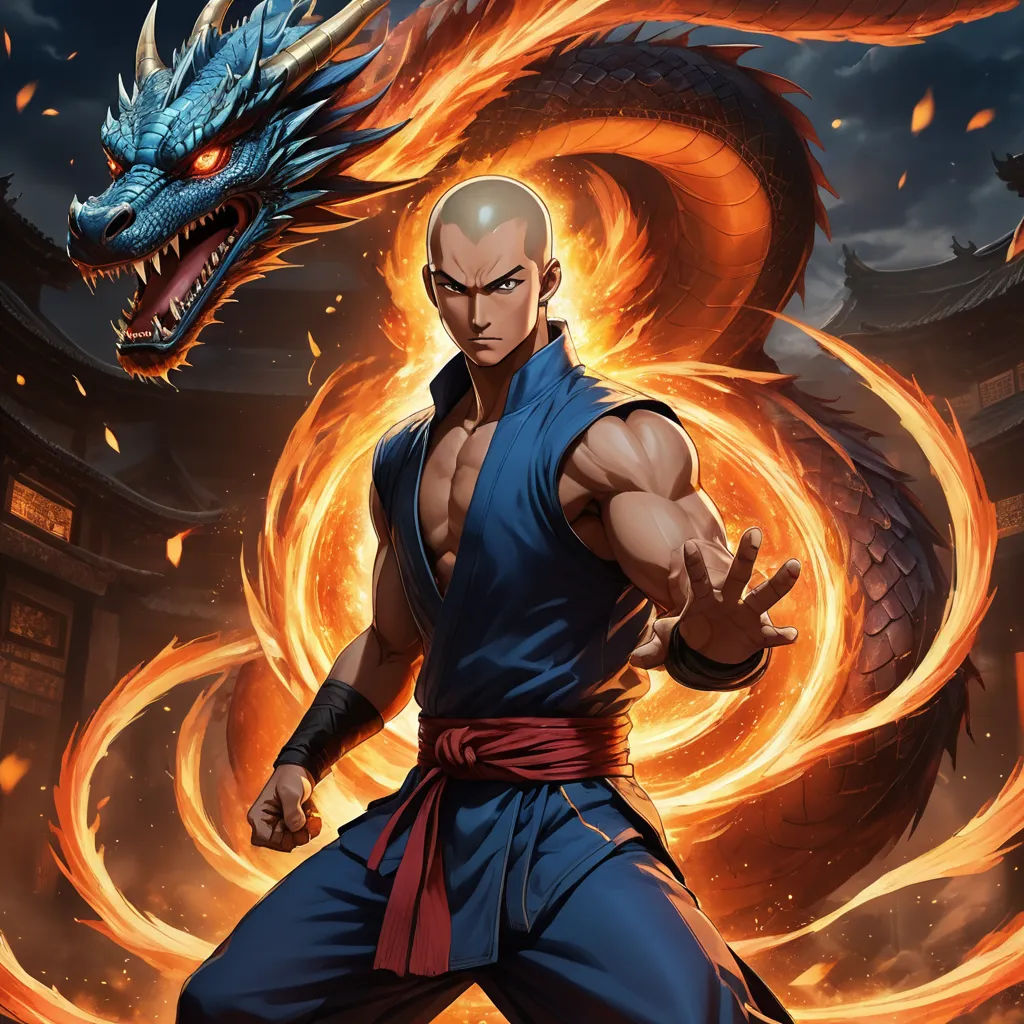 a man in a blue outfit with a dragon on his shoulder and a red belt around his waist, in front of a dark background, cloisonnism, concept art, Du Jin, dragon art