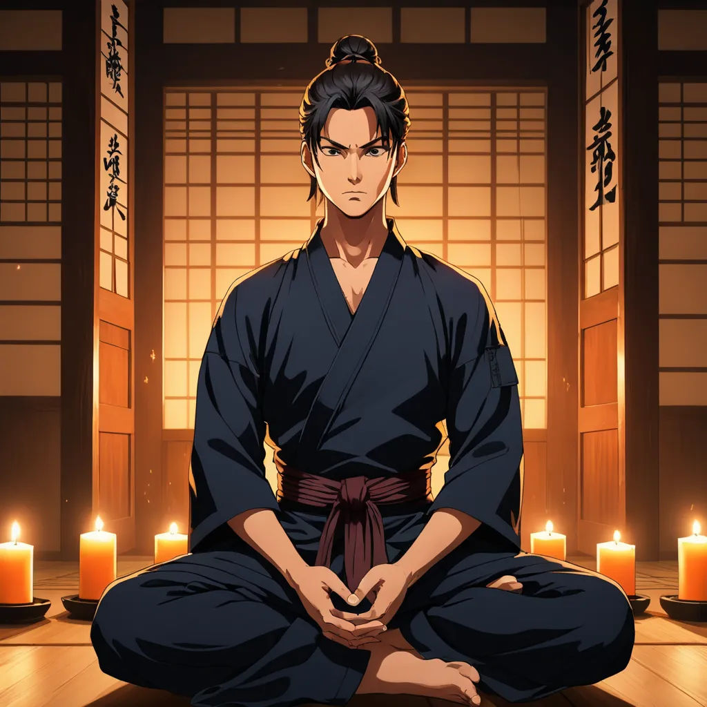 a man sitting in a room with candles around him and a black robe on his body and a black belt around his waist, sots art, a character portrait, Baiōken Eishun, official art