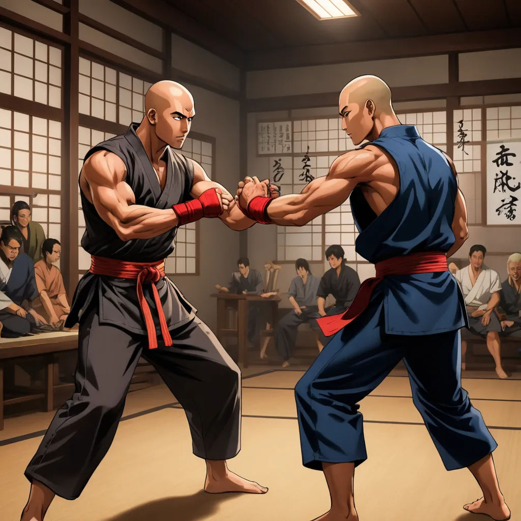 two men in a martial stance in a room full of people watching them in the background, one of them is hitting the other, dau-al-set, concept art, Baiōken Eishun, official art