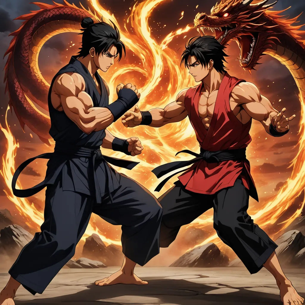 two men in martial stance with a dragon in the background of them, one of them is fighting the other, dau-al-set, concept art, Baiōken Eishun, official art