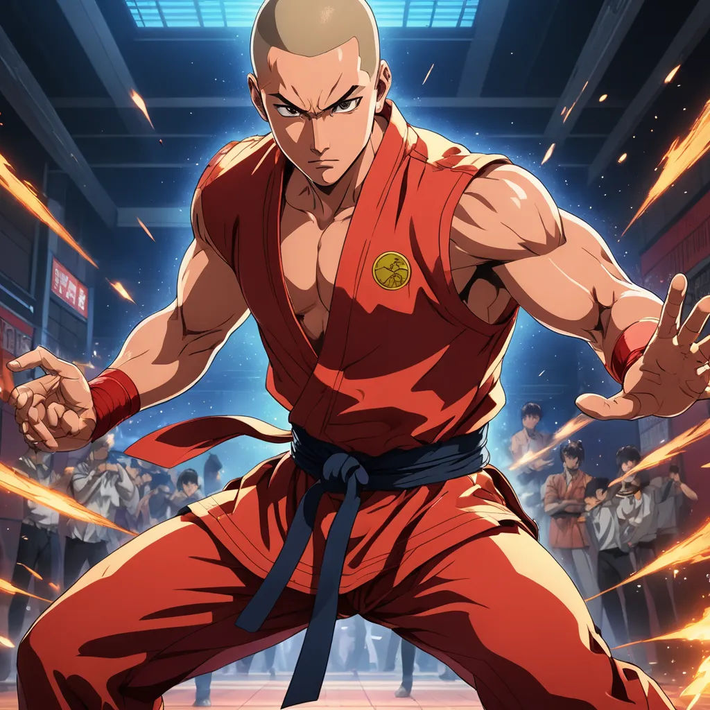 a man in a red outfit is doing karate moves with his hands in the air and people in the background, sots art, concept art, Du Jin, official art