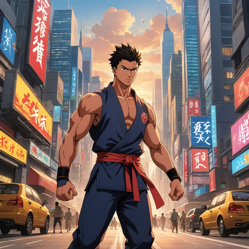 a man in a blue outfit standing in the middle of a street with a city in the background and a yellow taxi, sots art, poster art, Adam Manyoki, official art