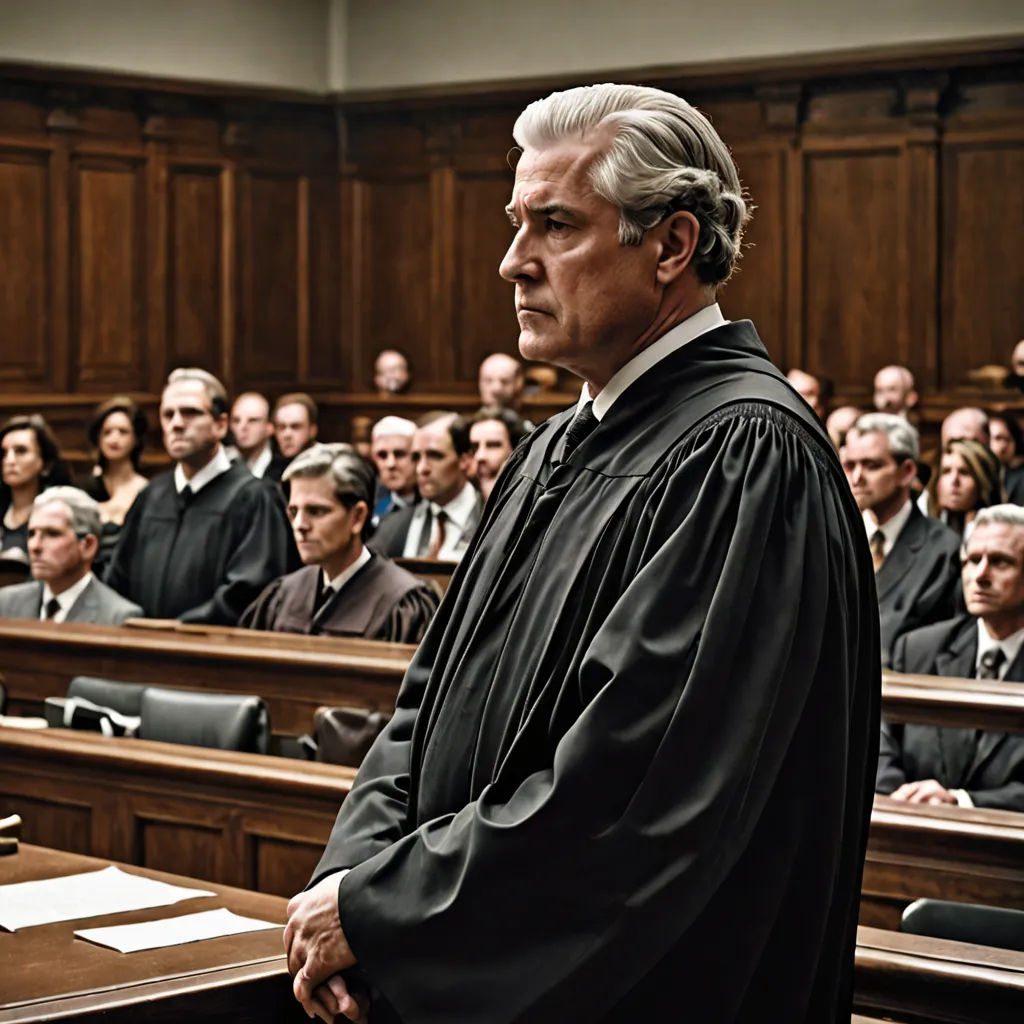 a judge standing in front of a large group of people in a courtroom with a judge in the background, american scene painting, a poster, David Budd, promotional image