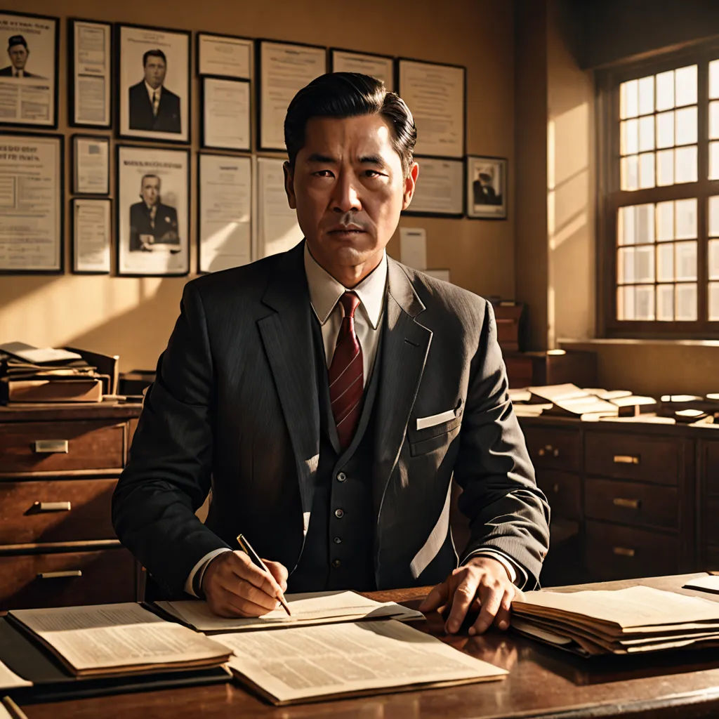 a man in a suit sitting at a desk with papers and a pen in his hand and a book in his other hand, private press, a poster, Eizan Kikukawa, movie still