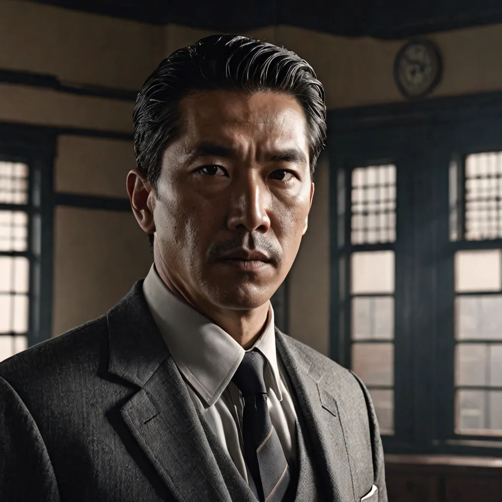 a man in a suit and tie standing in a room with windows and a clock on the wall behind him, dau-al-set, a character portrait, Eizan Kikukawa, promotional image