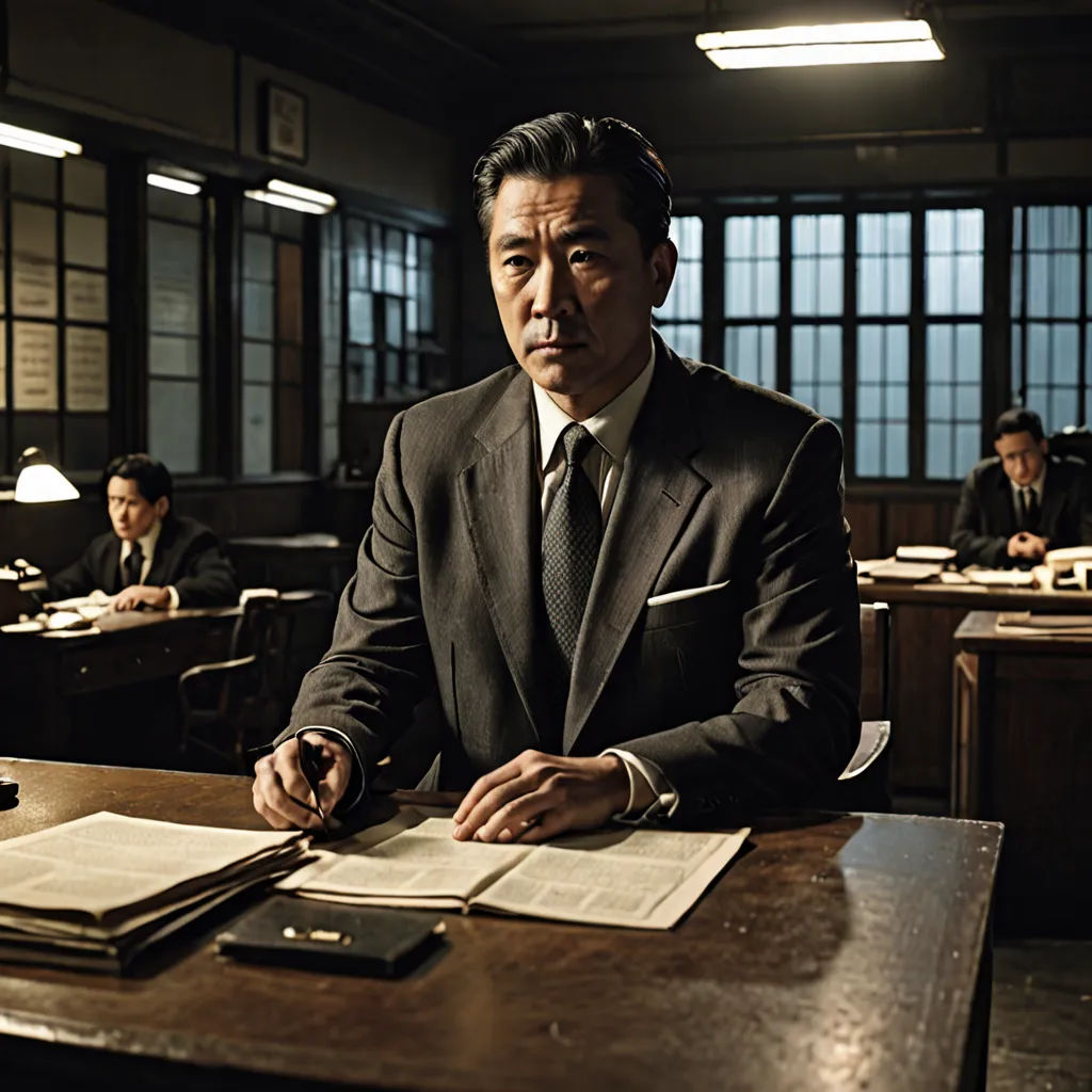 a man in a suit sitting at a desk with papers and pens in front of him and other men in the background, dau-al-set, a character portrait, Eizan Kikukawa, movie still