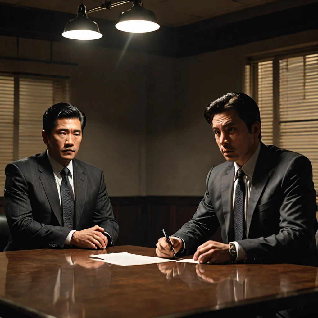 two men in suits sitting at a table with a pen and paper in front of them, one of them is writing, serial art, a still life, Byeon Sang-byeok, promotional image