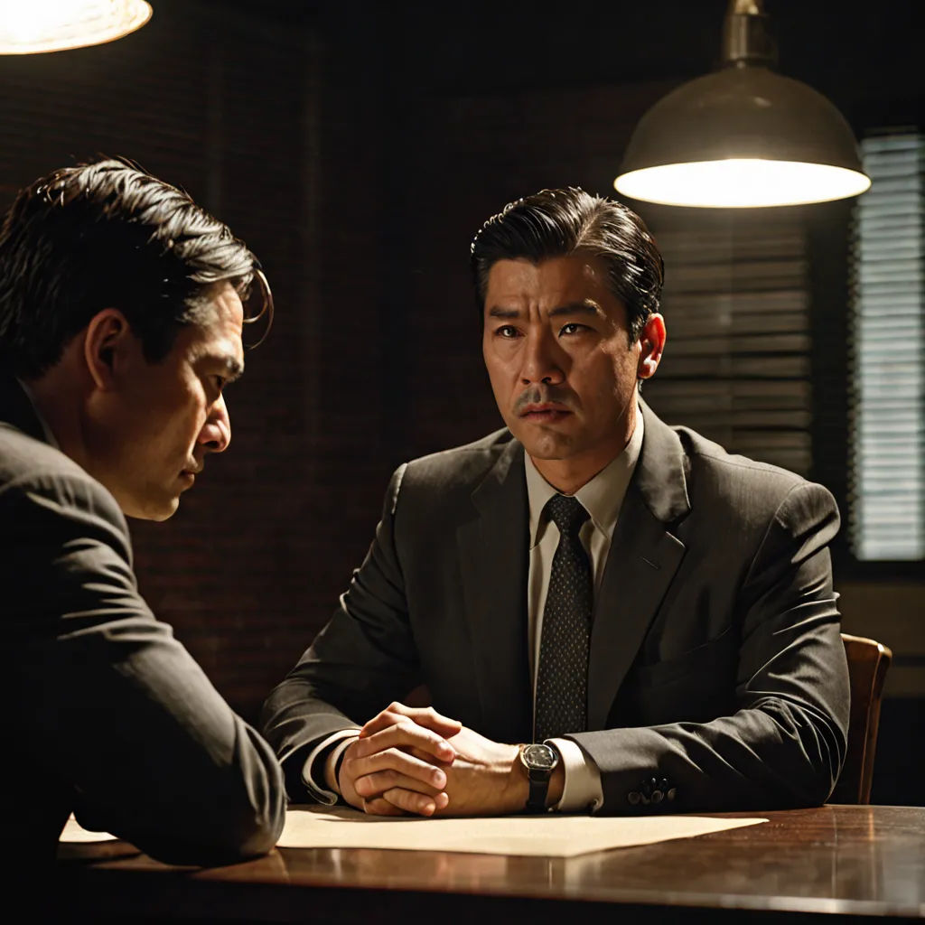 two men sitting at a table in a dark room with a lamp on the ceiling and one man in a suit and tie, serial art, a poster, Chang Dai-chien, promotional image