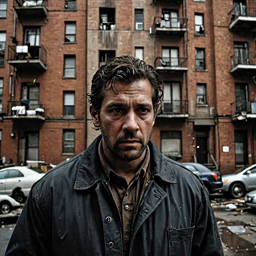 a man standing in front of a building with cars parked in front of it and a building with a lot of windows, american realism, a character portrait, David Annand, promotional image