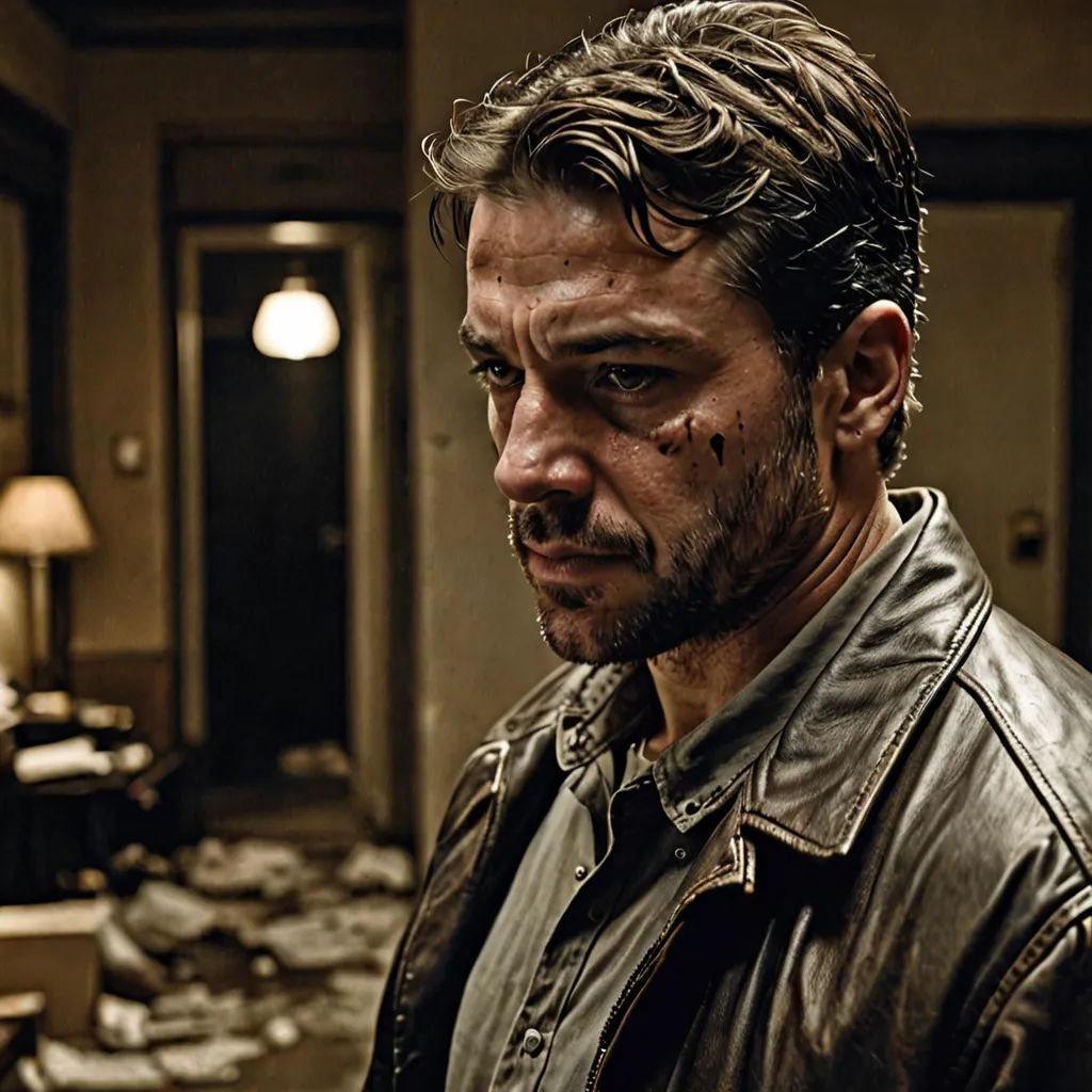 a man with a beard and a leather jacket in a room with a lot of debris on the floor, antipodeans, a poster, Enrico Baj, promotional image