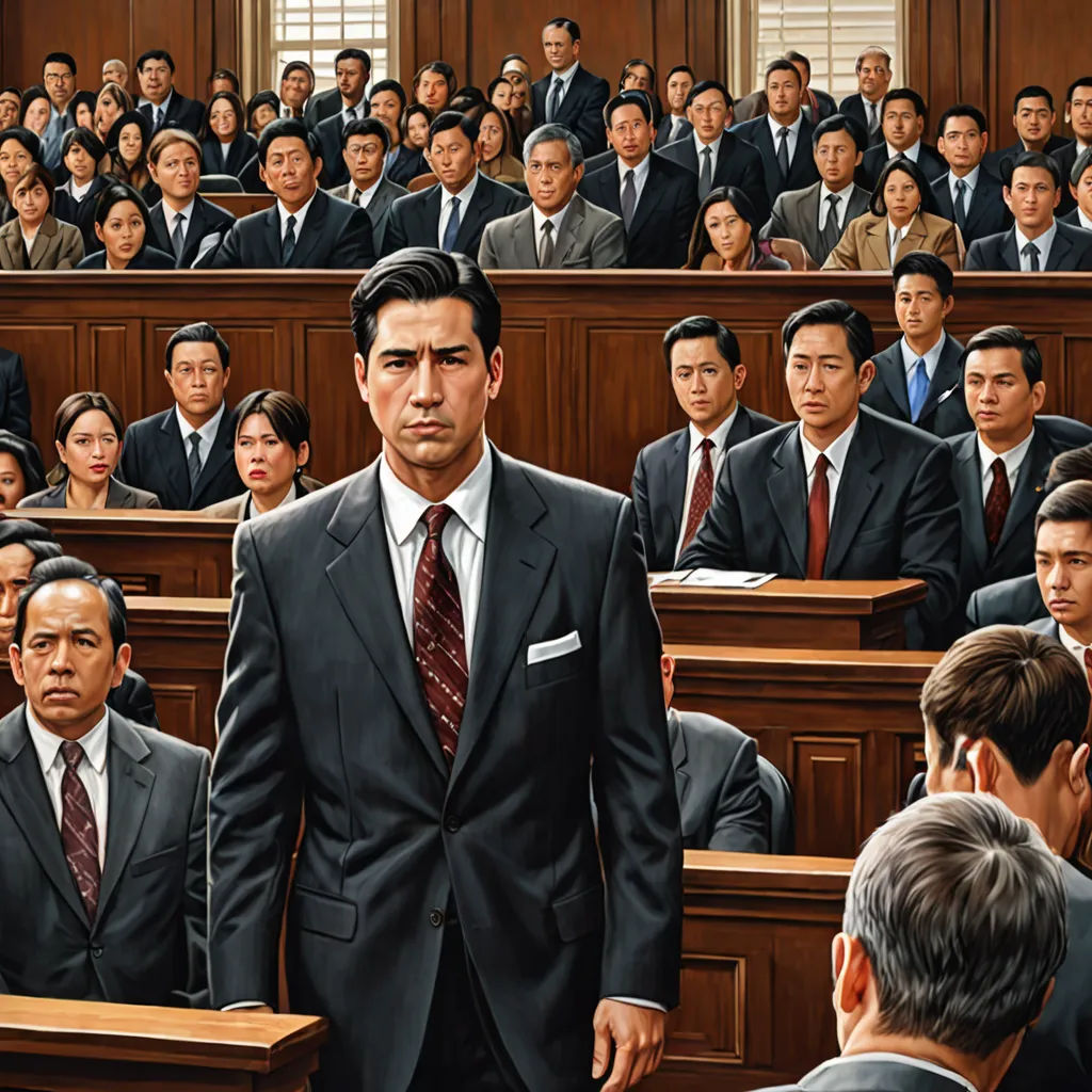 a man in a suit standing in front of a group of people in a courtroom with a judge in the background, american scene painting, a photorealistic painting, David Palumbo, highly detailed digital painting