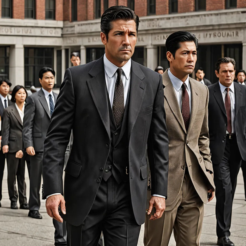 a group of men in suits walking down a street together in front of a building with a crowd of people, precisionism, a colorized photo, Eizan Kikukawa, promotional image