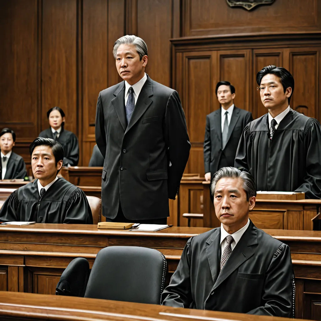 a group of men in suits and ties in a courtroom with judges in the background and a judge in the foreground, precisionism, a poster, Eizan Kikukawa, movie still