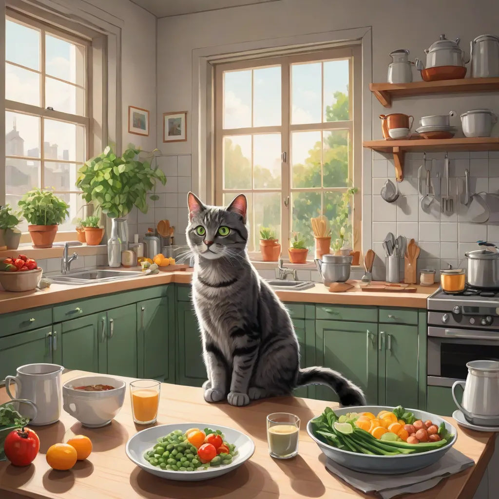 a cat sitting on a kitchen counter with a plate of food and a bowl of vegetables on the counter, photorealism, a storybook illustration, Elinor Proby Adams, highly detailed digital painting