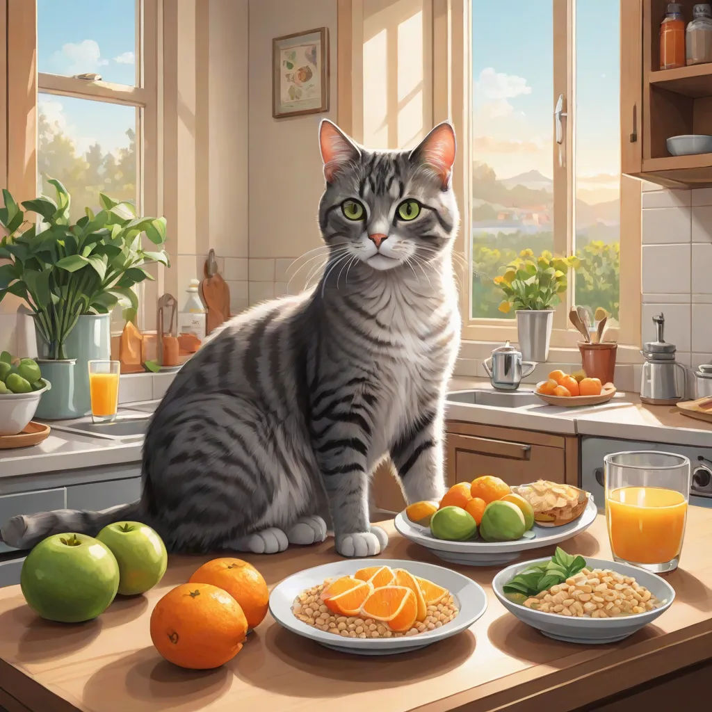 a cat sitting on a kitchen counter next to a plate of fruit and a bowl of cereal and a glass of orange juice, photorealism, a hyperrealistic painting, Chris LaBrooy, official art