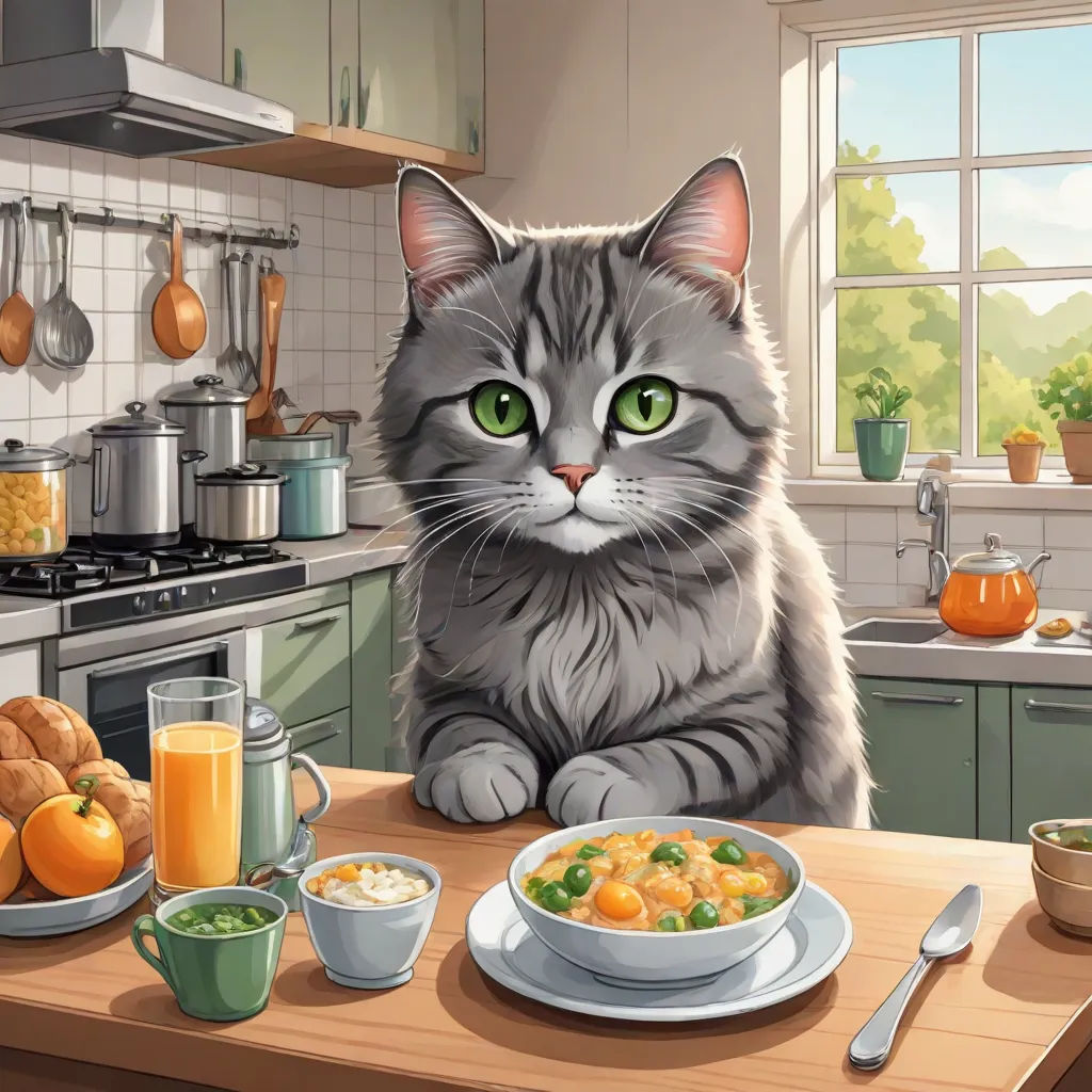 a cat sitting at a kitchen counter with a bowl of food on it and a plate of food on the counter, furry art, a stock photo, Carlos Catasse, game art