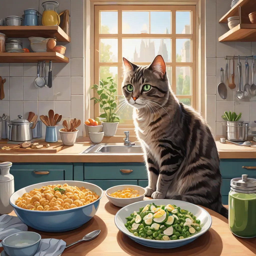 a cat sitting on a kitchen counter next to a bowl of food and a bowl of salad on a plate, furry art, a storybook illustration, Chris LaBrooy, official art
