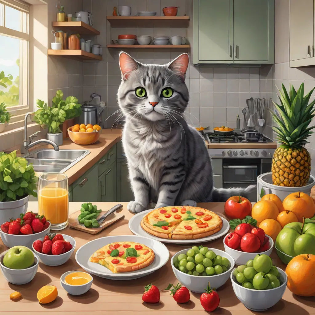 a cat sitting at a kitchen table with a variety of food on it and a pineapple in the background, furry art, a detailed painting, Chris LaBrooy, trending on art station