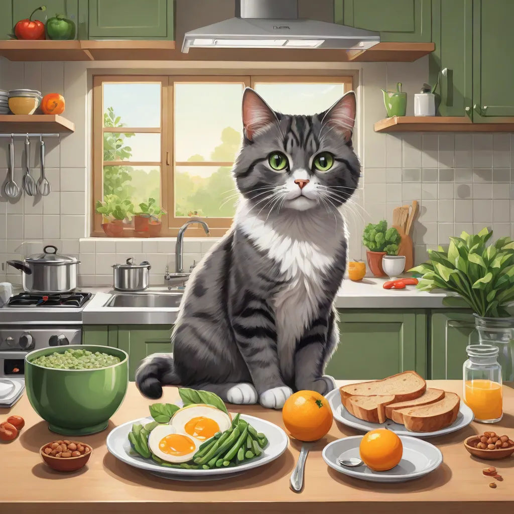 a cat sitting on a kitchen counter with food on the counter top and a bowl of fruit and a plate of eggs, sots art, computer graphics, Carlos Catasse, game art