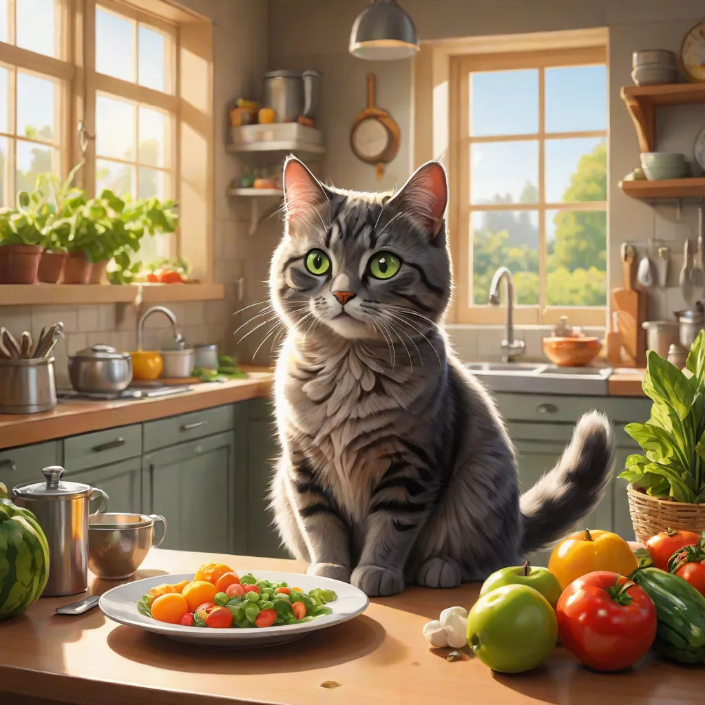 a cat sitting on a kitchen counter next to a plate of vegetables and a bowl of fruit and vegetables, photorealism, a photorealistic painting, Chris LaBrooy, ultra realistic illustration