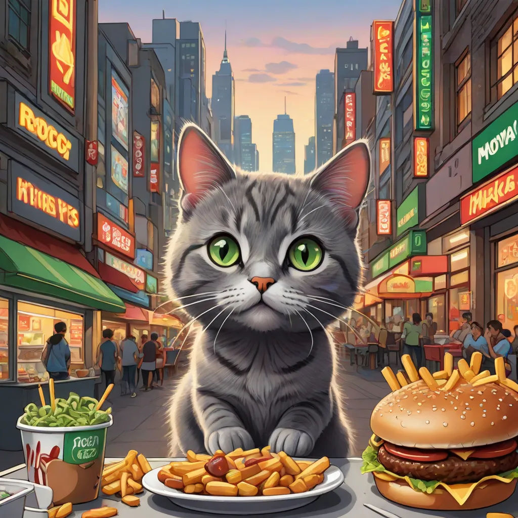 a cat sitting on a table with a plate of food in front of it and a burger on the table, hyperrealism, a storybook illustration, Chris LaBrooy, highly detailed digital painting