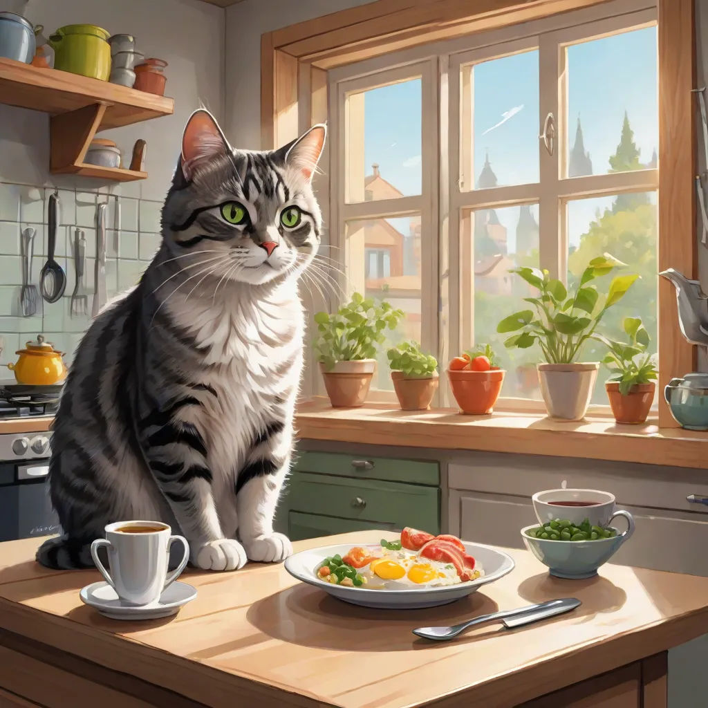 a cat sitting on a kitchen counter next to a plate of food and a cup of coffee on a saucer, furry art, a detailed painting, Evgeny Lushpin, official art