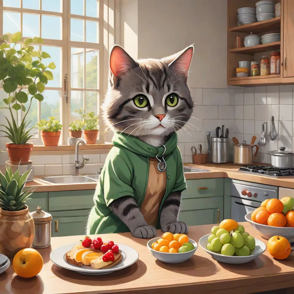 a cat sitting on a kitchen counter with fruit on the counter and a potted plant in the background, furry art, a detailed painting, Chris LaBrooy, official art