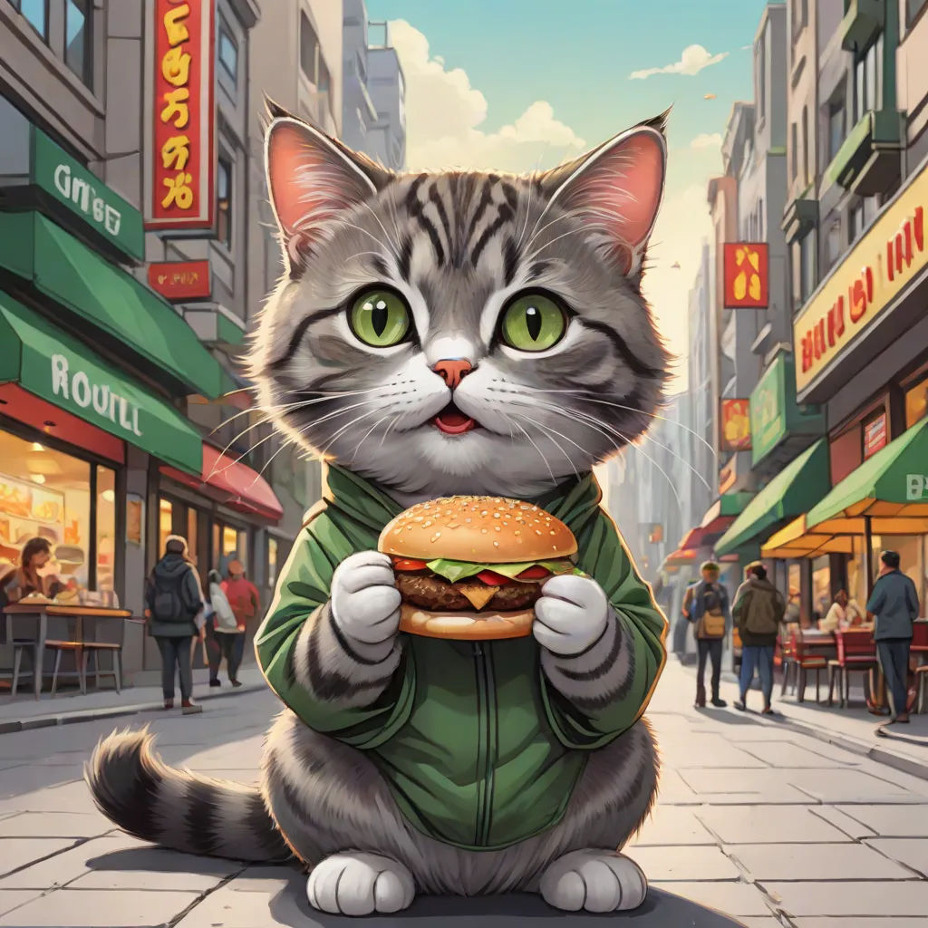 a cat is holding a hamburger in its paws while sitting on the ground in front of a city street, furry art, a storybook illustration, Chris LaBrooy, highly detailed digital painting