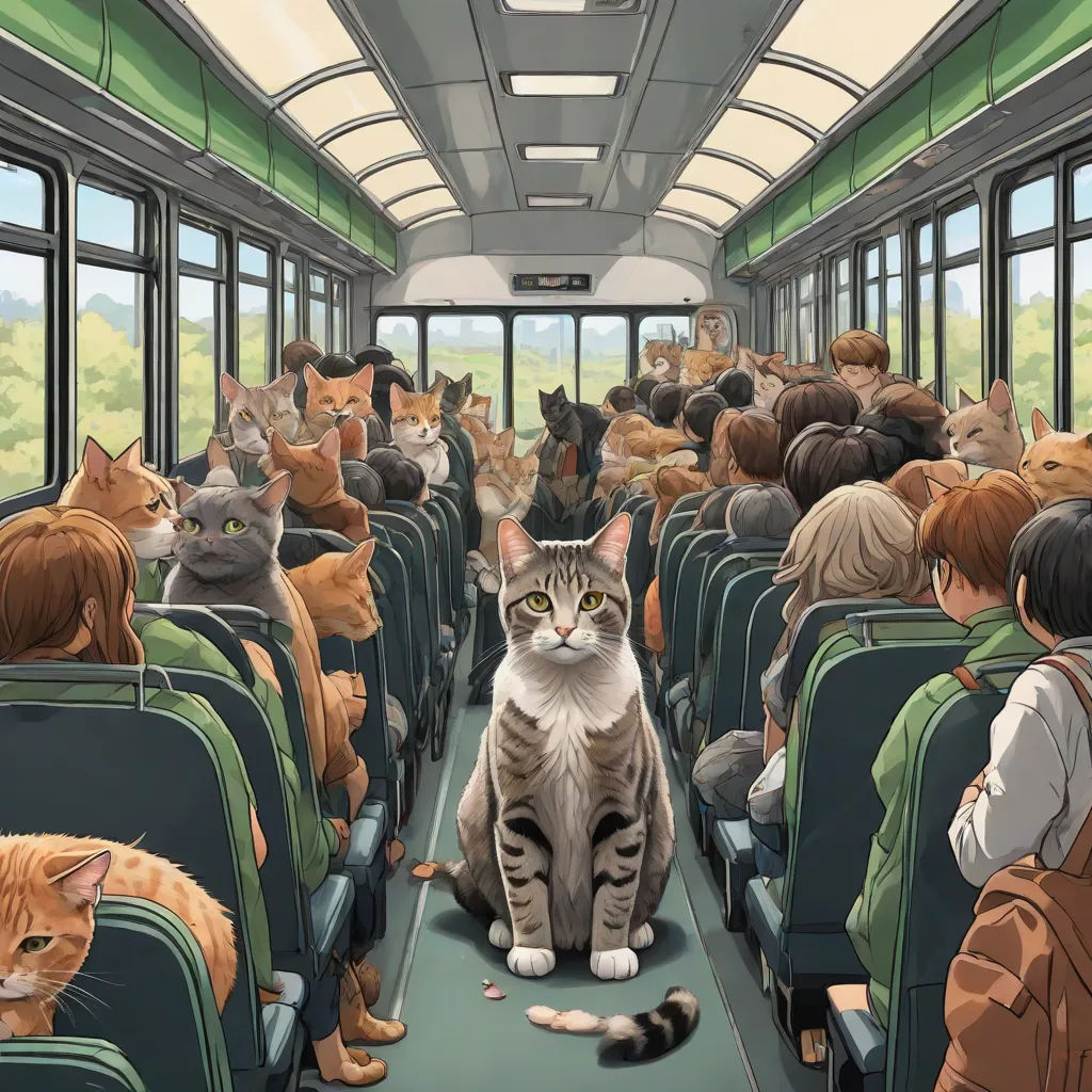 a cat sitting on a bus with many cats on the seats and a woman standing in front of the bus, furry art, a storybook illustration, Chris LaBrooy, furaffinity