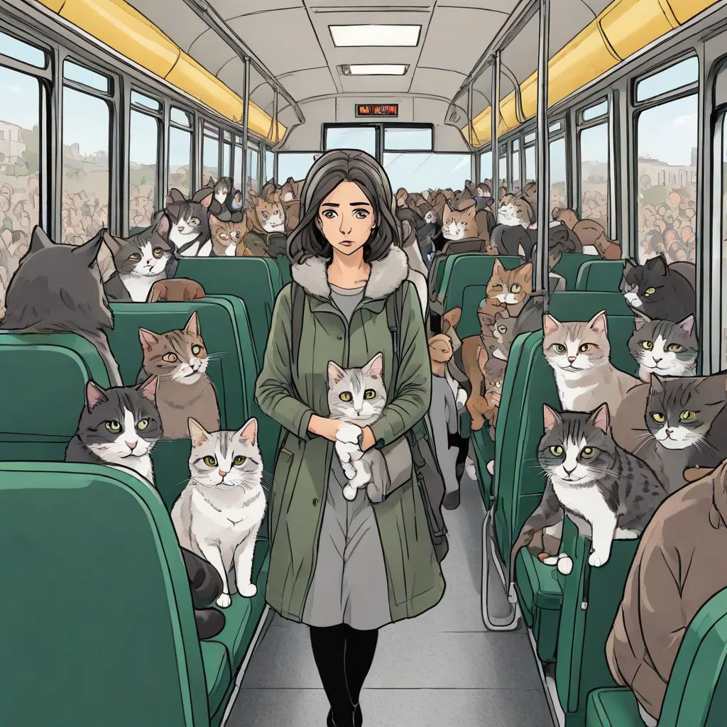 a woman is standing on a bus with cats on her lap and a bunch of other cats on the bus, furry art, a detailed drawing, Atey Ghailan, furaffinity