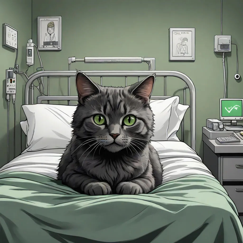 a cat sitting on a bed with a green background and a green wall with pictures on it and a computer on the bed, sots art, a character portrait, Bedwyr Williams, official art