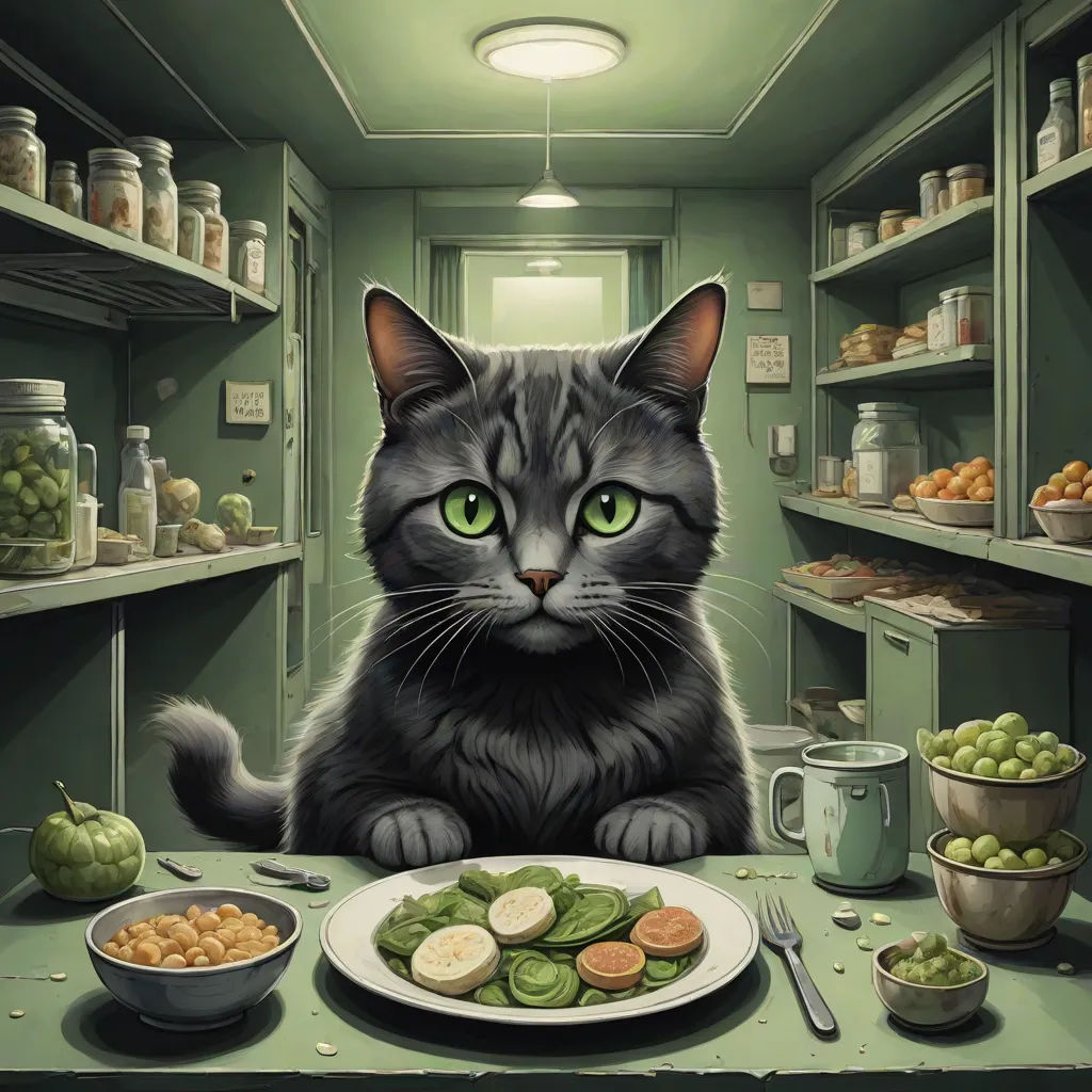 a cat sitting at a table with a plate of food in front of it and a bowl of fruit in the background, furry art, an album cover, Andrea Kowch, official art