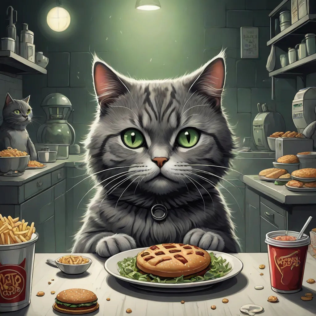 a cat sitting at a table with a plate of food and a cup of coffee in front of it, sots art, a storybook illustration, Anne Stokes, game art