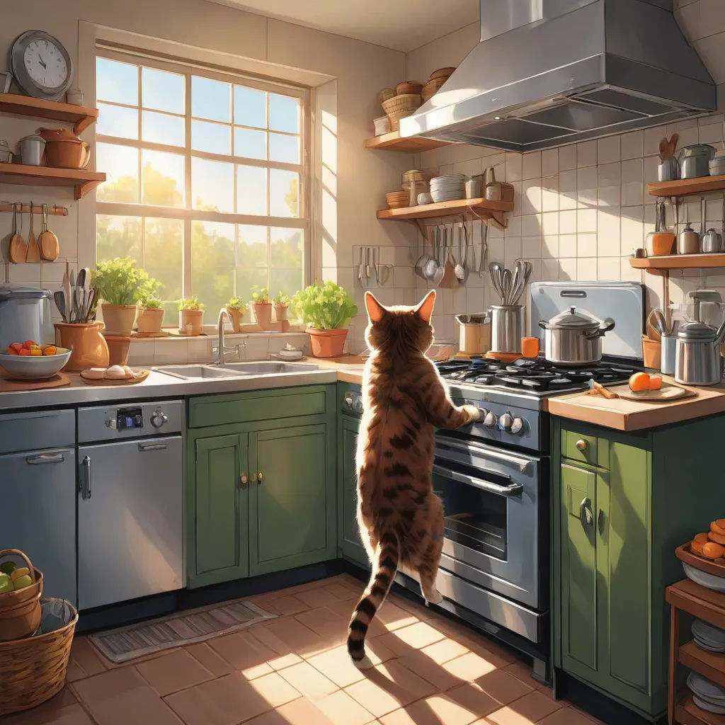 a cat standing on its hind legs in a kitchen looking out the window at the sun coming through the window, furry art, a photorealistic painting, Evgeny Lushpin, trending on art station