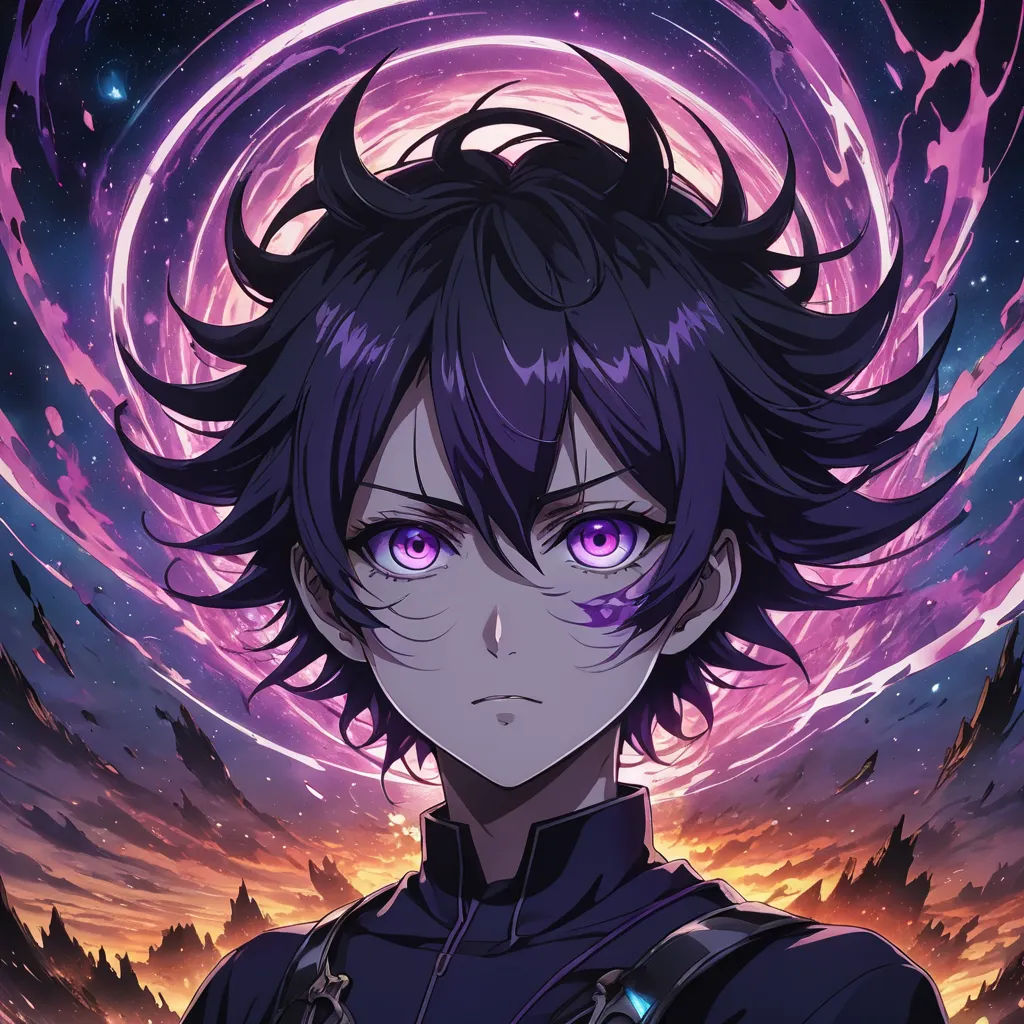 a anime character with purple eyes and a black hair and purple eyes, standing in front of a purple and purple background, vanitas, poster art, Aya Goda, anime key visual