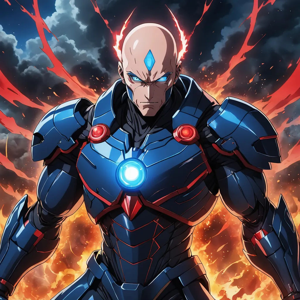 a man in a suit with a glowing light on his chest and a red light on his chest, standing in front of a blazing background of clouds, rayonism, a character portrait, Android Jones, official art