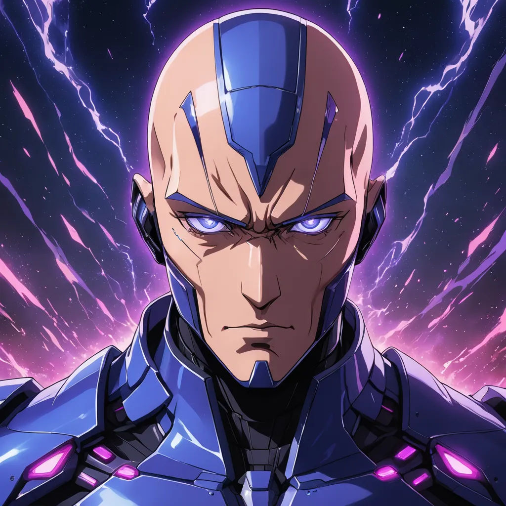 a man in a blue suit with lightning in the background and a purple lightning behind him, looking at the camera, rayonism, poster art, Eizan Kikukawa, yukito kishiro