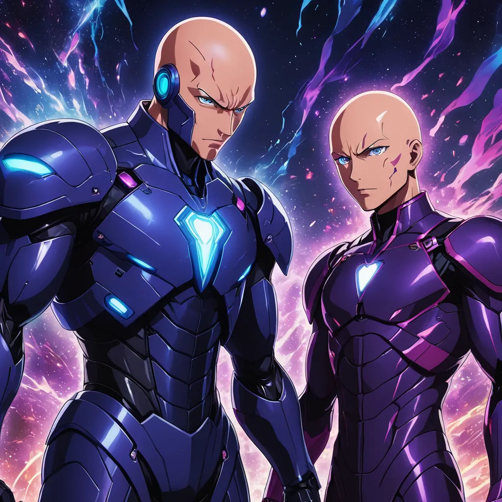 two robots standing next to each other in front of a purple background with lightnings and stars in the sky, antipodeans, concept art, Aya Goda, official art