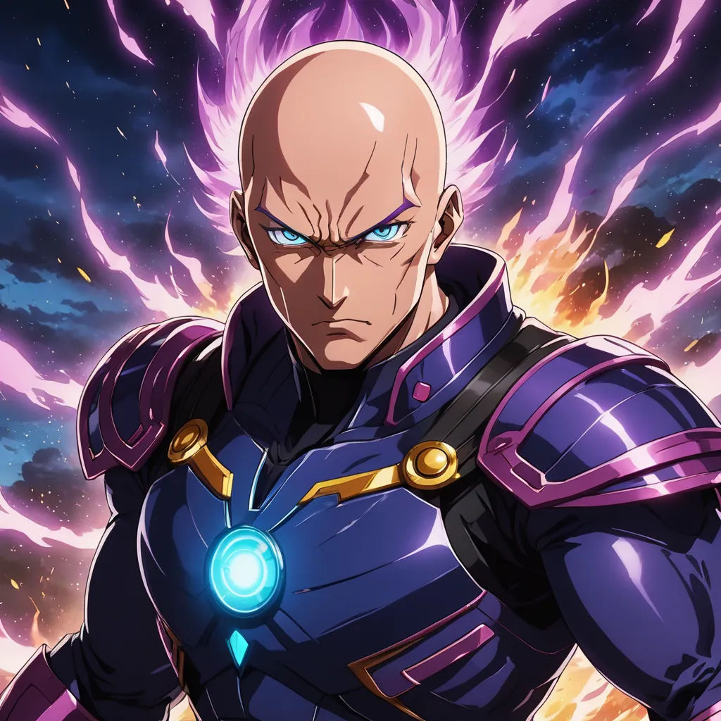 a man in a blue suit with a purple light on his chest and a purple flame behind him, with a purple background, rayonism, a character portrait, Ahmed Yacoubi, official art