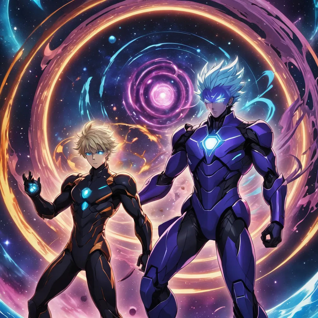 two anime characters standing in front of a spiral background with a blue and purple background and a blue and orange background, rayonism, poster art, Ai-Mitsu, anime key visual
