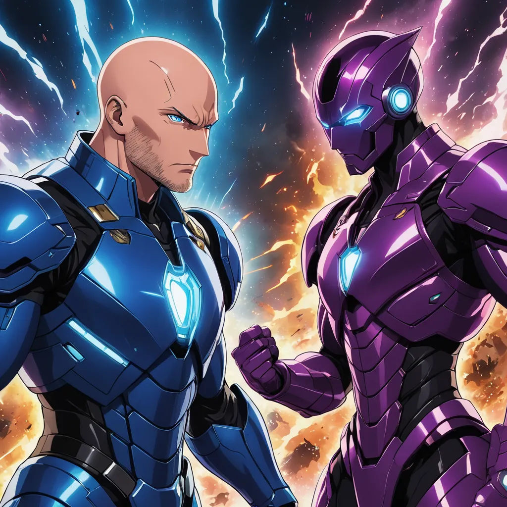 two robots are standing next to each other in front of a lightning background with lightning bolts in the background, antipodeans, concept art, Artgerm, rossdraws global illumination