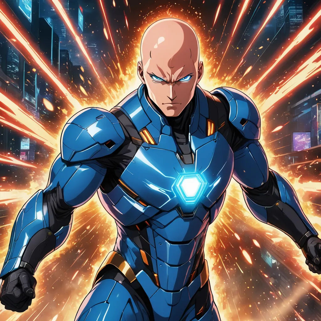 a man in a blue suit with a glowing light on his face and arms, with a city in the background, sots art, a comic book panel, Adam Manyoki, yusuke murata