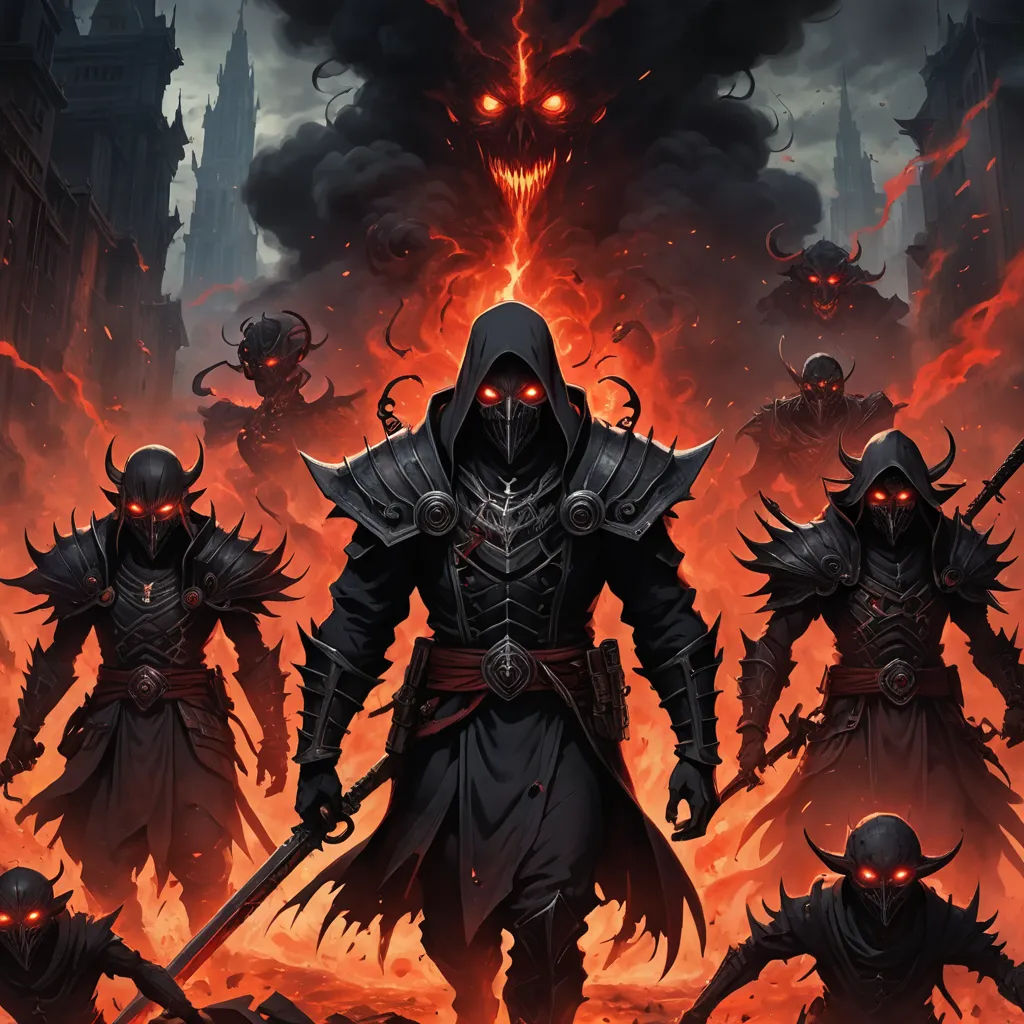 a group of demonic knights standing in front of a demonic demon with glowing eyes and a demon head on their head, fantasy art, concept art, Andreas Rocha, magic the gathering artwork