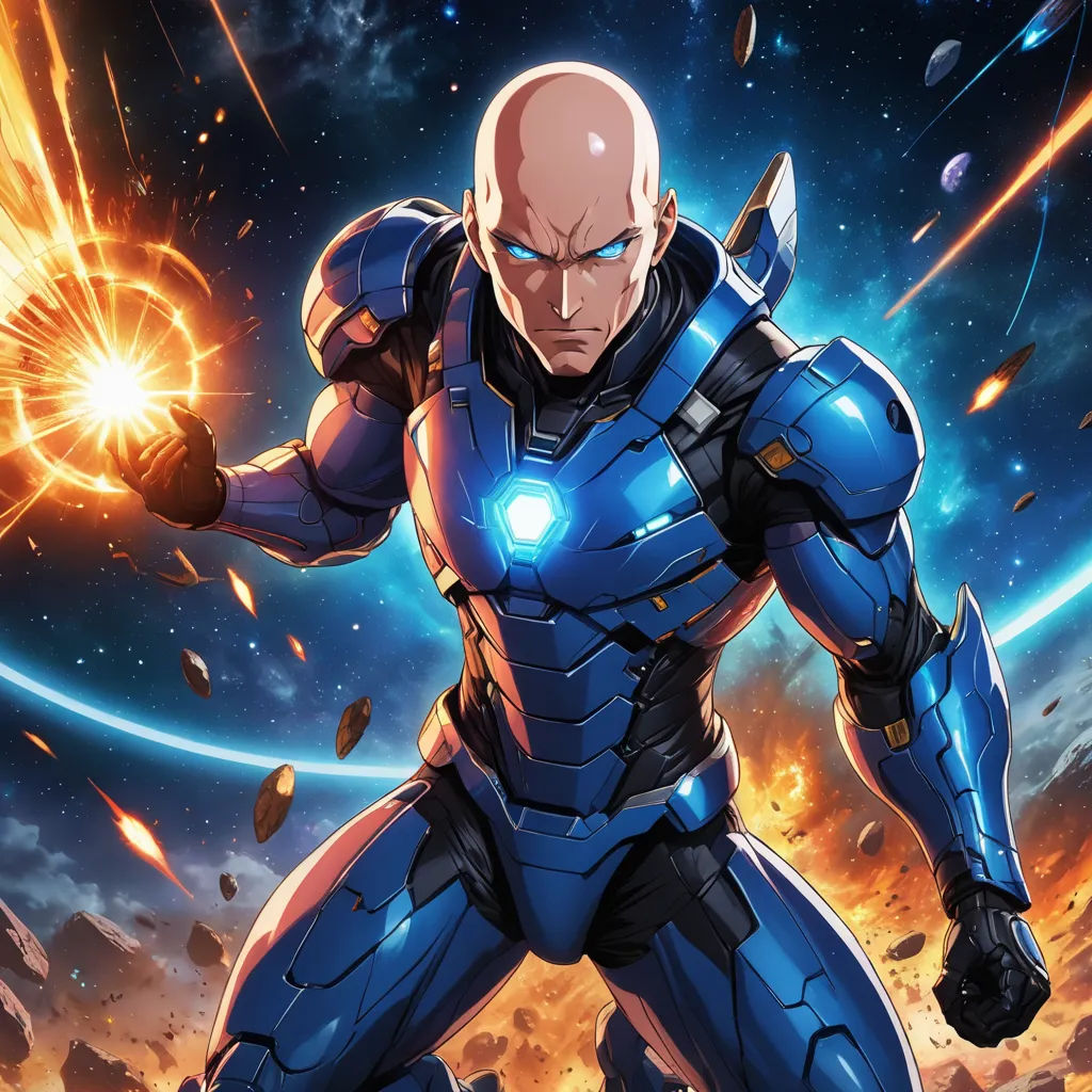 a man in a blue suit with a light on his hand and a gun in his hand, in front of a background of a planet, antipodeans, a comic book panel, Aleksi Briclot, rossdraws global illumination