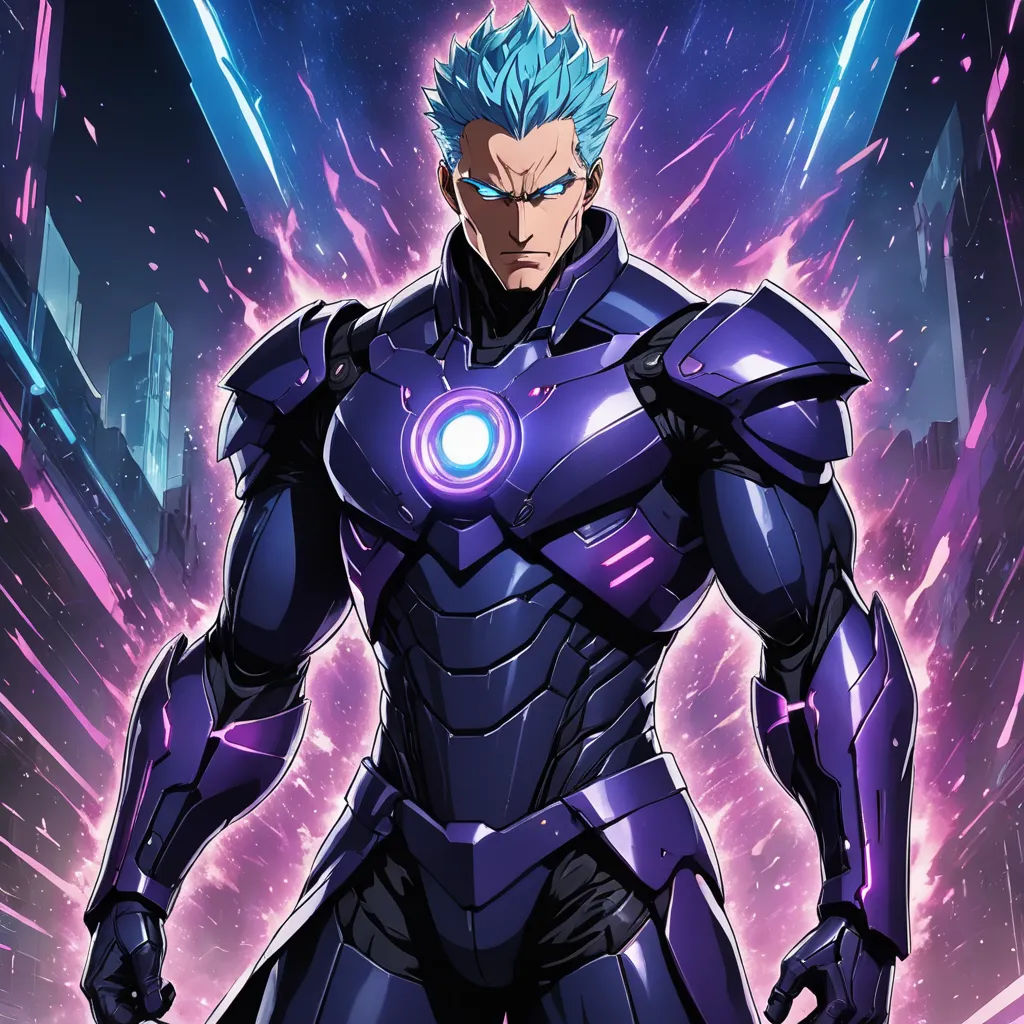 a man in a futuristic suit standing in front of a cityscape with a glowing light on his chest, rayonism, concept art, Adam Manyoki, official art