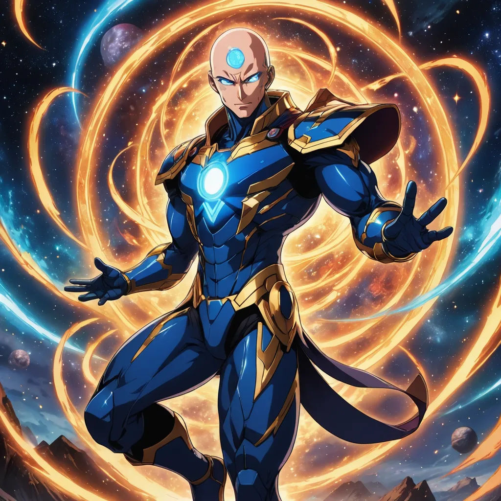 a man in a blue suit standing in front of a spiral background with a glowing light on his chest, rayonism, poster art, Epsylon Point, official art