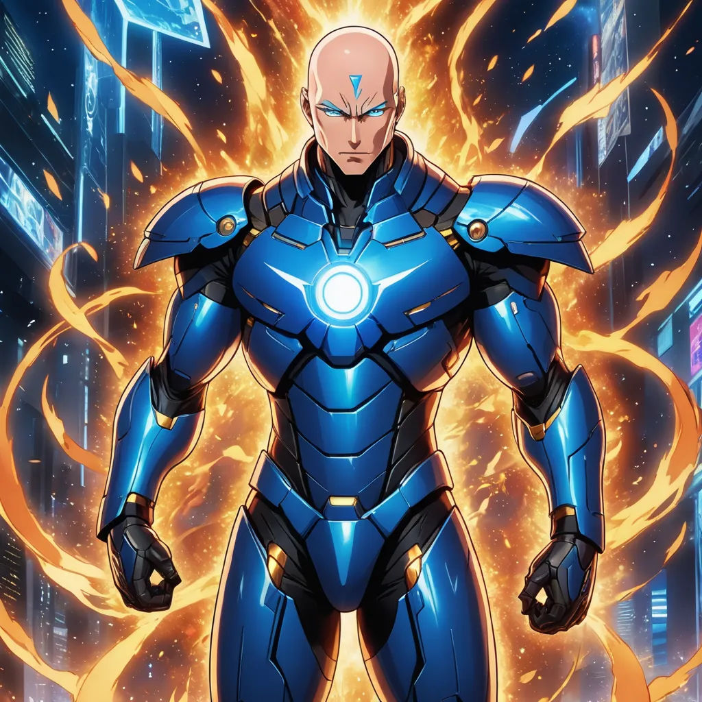 a man in a blue suit standing in front of a cityscape with flames and buildings in the background, antipodeans, a comic book panel, Artgerm, rossdraws global illumination