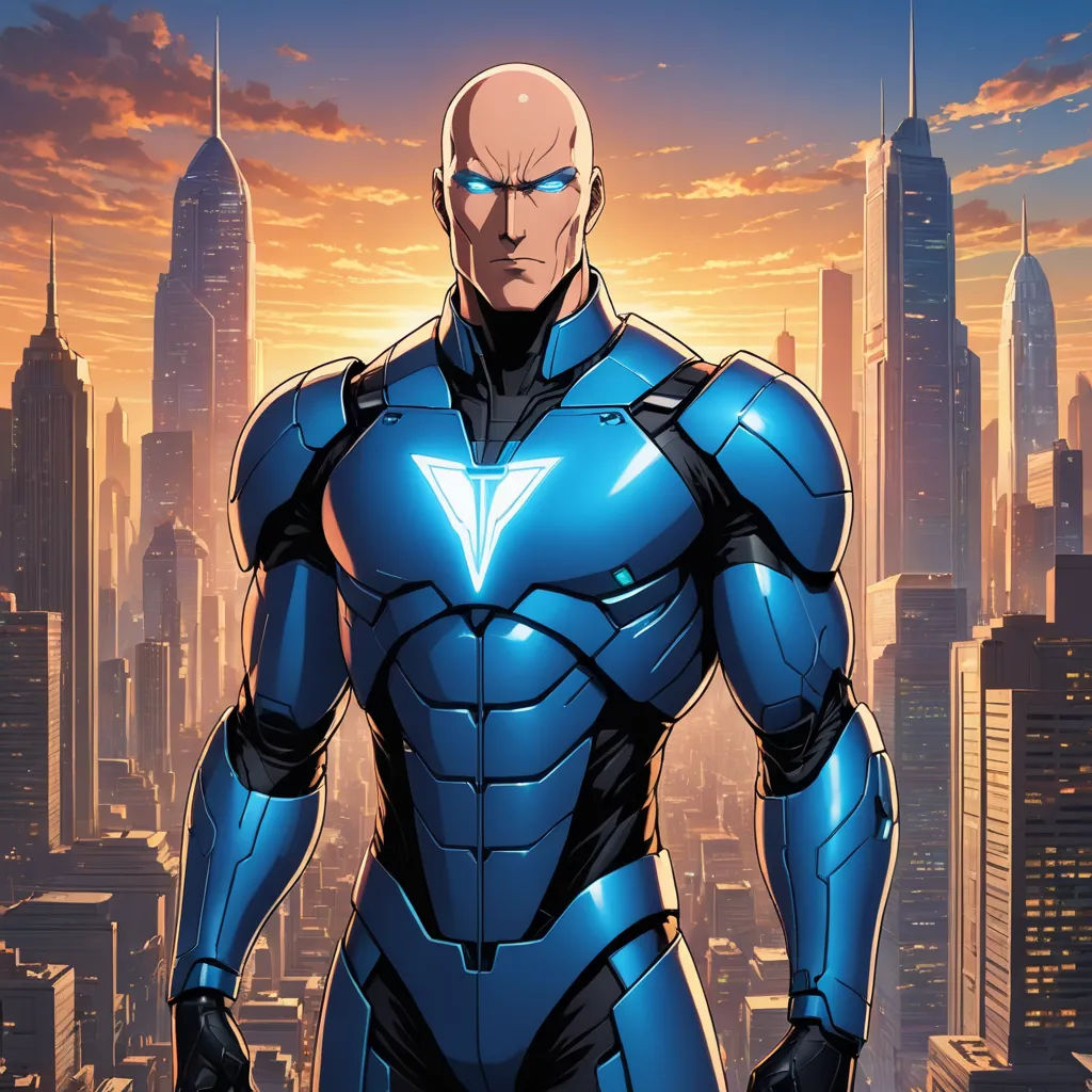 a man in a blue suit standing in front of a city skyline with skyscrapers in the background and a glowing blue light, antipodeans, a character portrait, Adam Manyoki, rossdraws global illumination