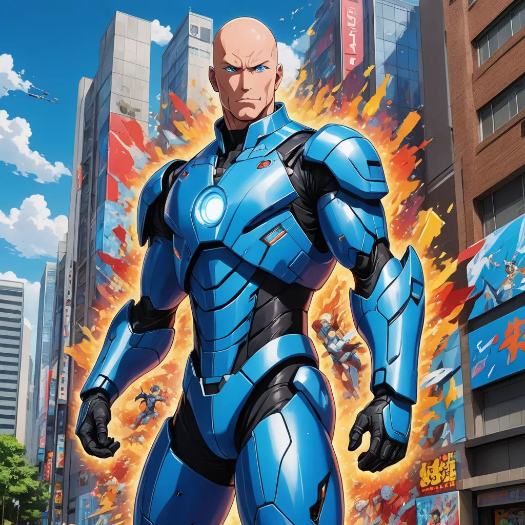a man in a blue suit standing in front of a building with a giant sign on it's side, antipodeans, a comic book panel, Adam Manyoki, yusuke murata