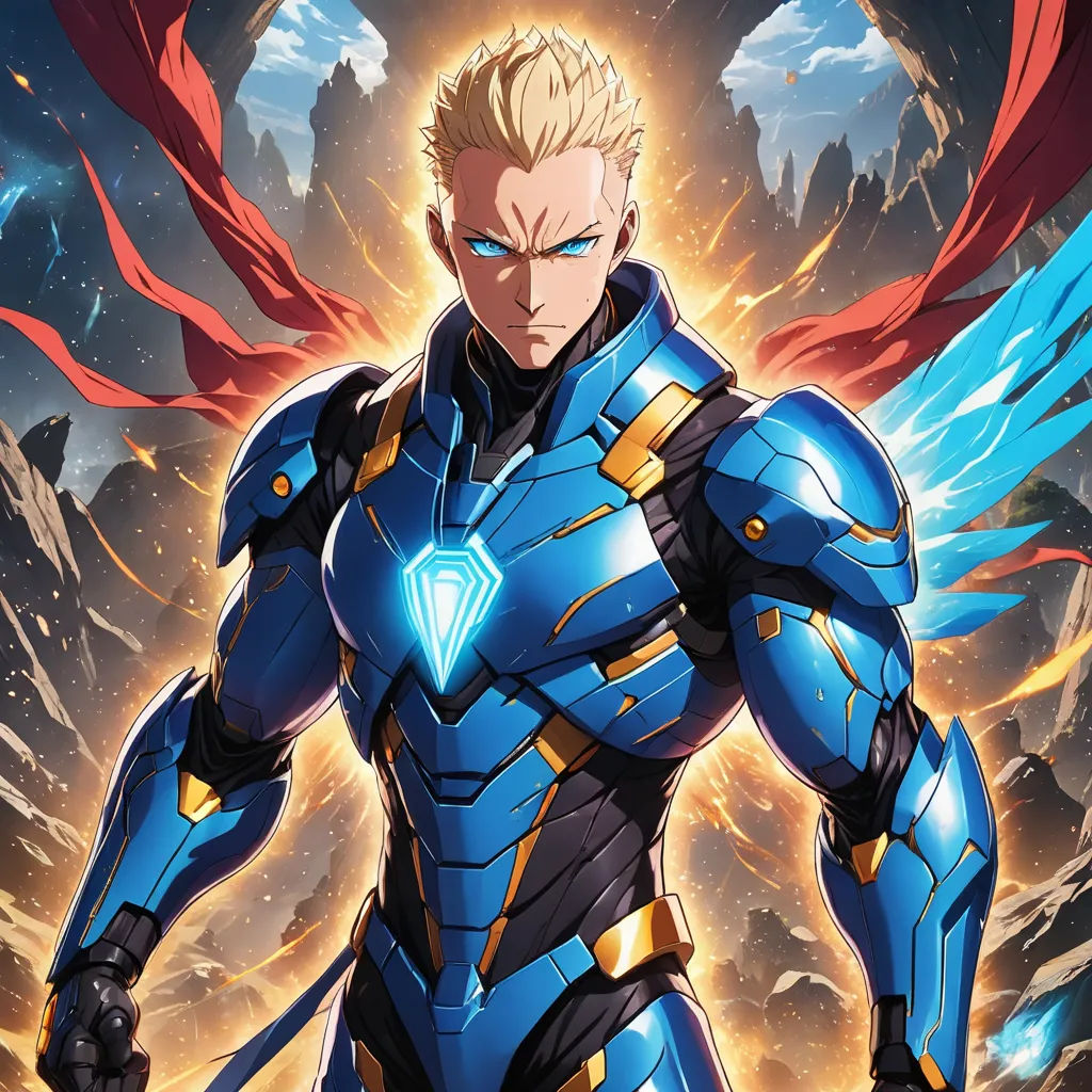 a man in a blue suit with a sword in his hand and a red cape around his neck and shoulders, rayonism, poster art, Epsylon Point, official art